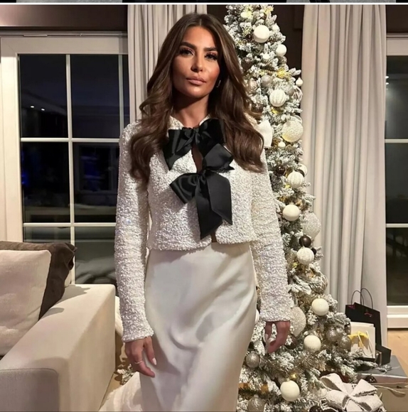 H&M viral white sequin black bow ribbon tie front cardigan sweater - Picture 13 of 16